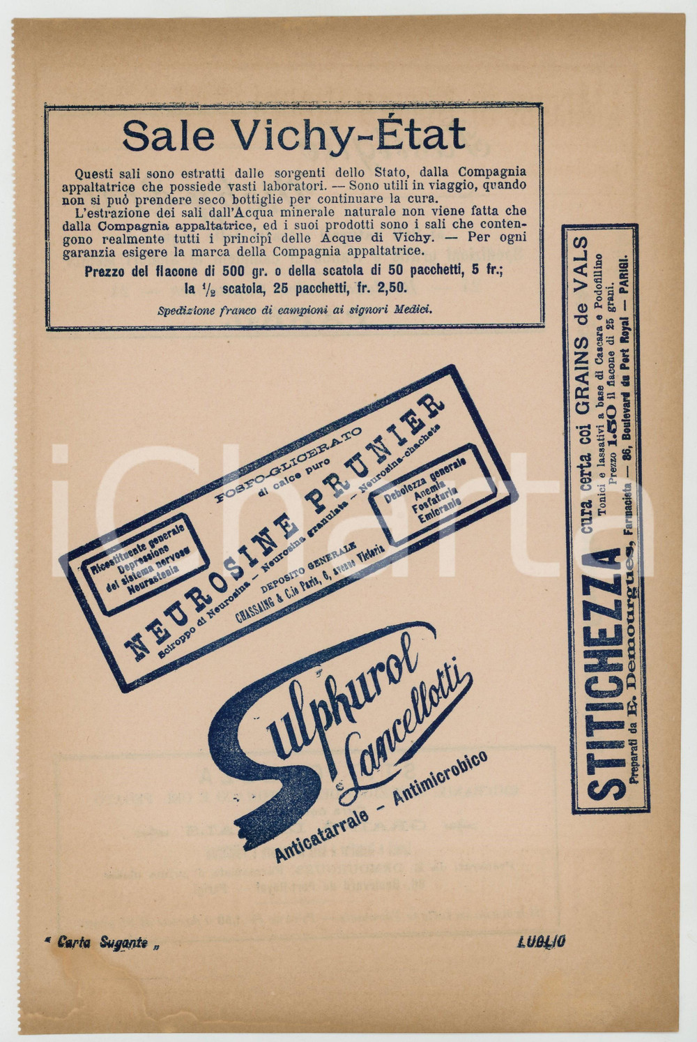 Materiale pubblicitario d’epoca Luglio 1910 ca Sale VICHYETAT Neurosine PRUNIER Carta sugante FARMACEUTICA 1