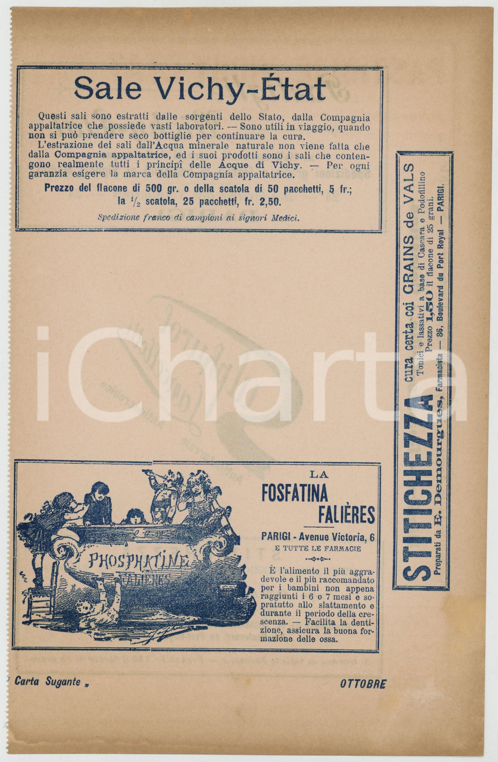 Materiale pubblicitario d’epoca Ottobre 1910 ca Sale VICHYETAT Fosfatina FALIERES Carta sugante FARMACEUTICA 1