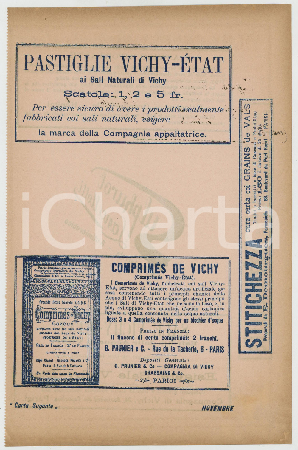 Materiale pubblicitario d’epoca Novembre 1910 ca Pastiglie VICHYETAT SULPHUROL LANCELLOTTI Carta sugante 1