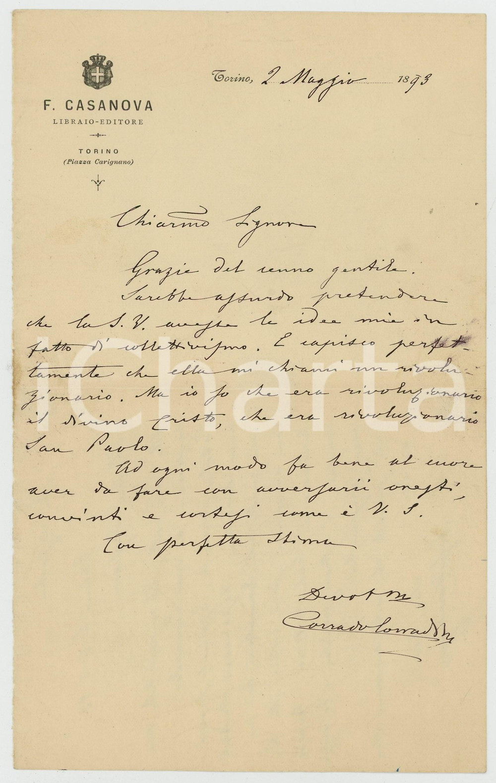 Autografo originale 1893 TORINO Era un rivoluzionario il divino Cristo Autografo Corrado CORRADINI 1