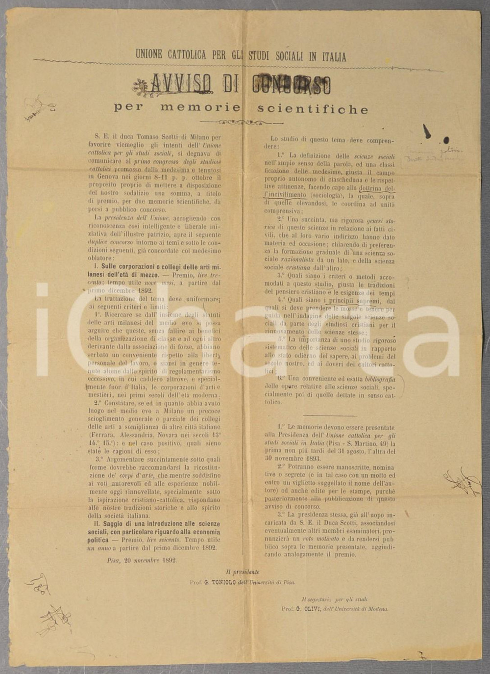 Documento originale, autentico 1892 PISA Unione Cattolica per gli Studi Sociali  Concorso memorie scientifiche 1