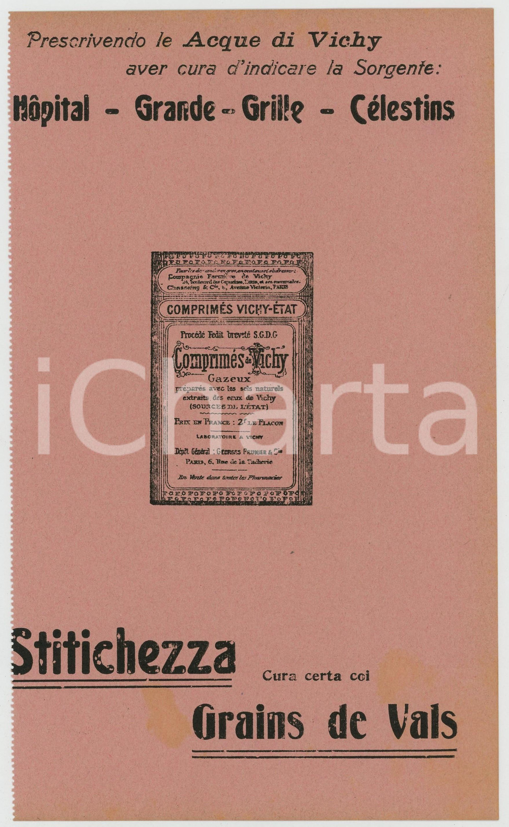 Materiale pubblicitario d’epoca 1910 ca Acque di VICHY  Grains de VALS contro la stitichezza Carta assorbente 1