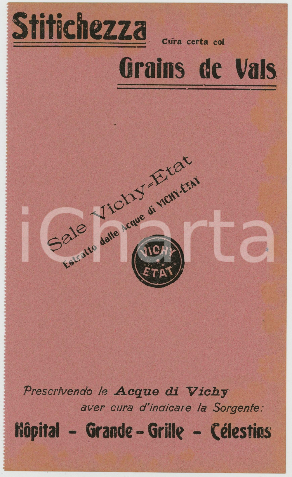 Materiale pubblicitario d’epoca 1910 ca Acque di VICHY  Grains de VALS contro la stitichezza  Carta assorbente 1