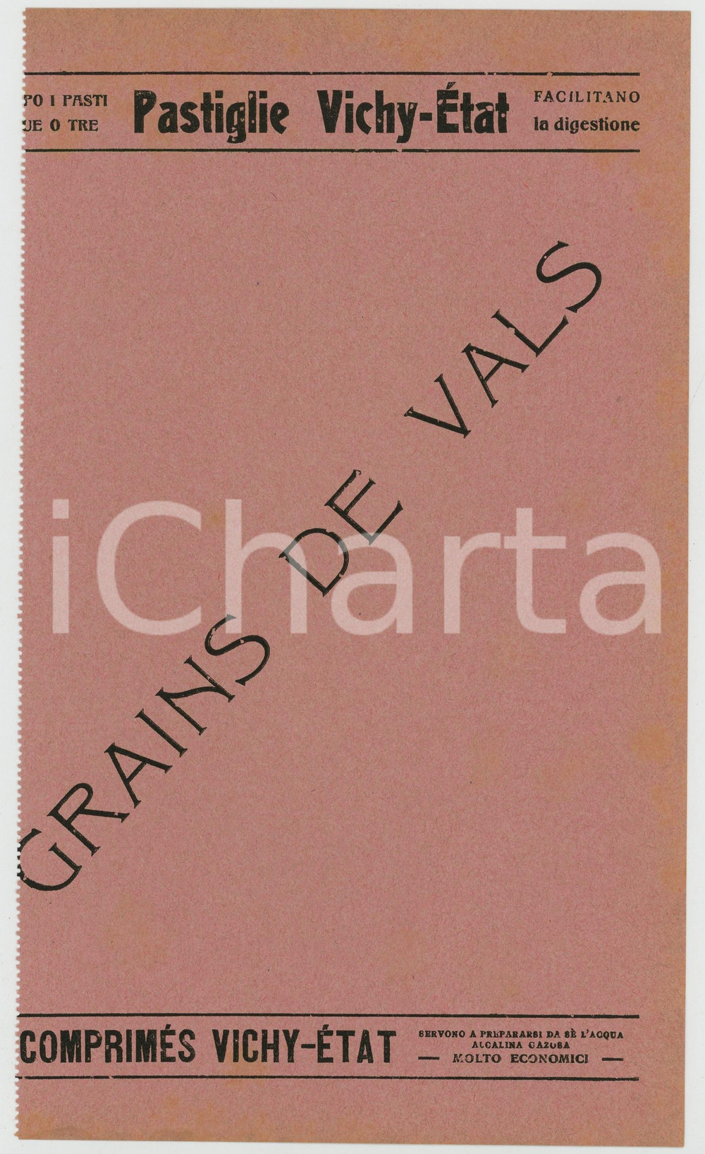Materiale pubblicitario d’epoca 1910 ca Pastiglie VICHYETAT   Grains de VALS pro digestione Carta assorbente 1