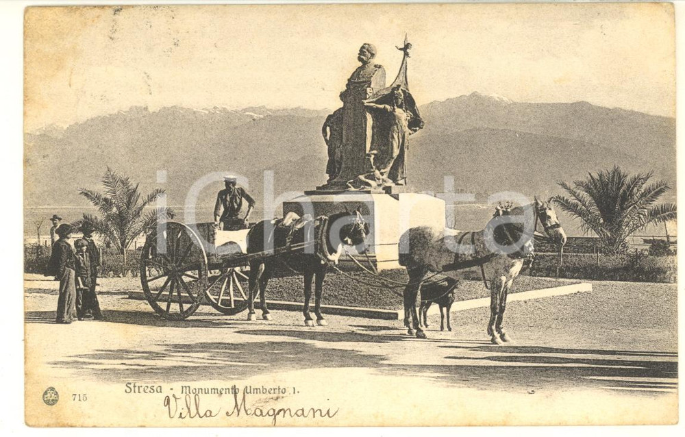 Cartolina originale da collezione 1910 ca STRESA VB Monumento a Umberto I  Cartolina ANIMATA calesse FP VG 1