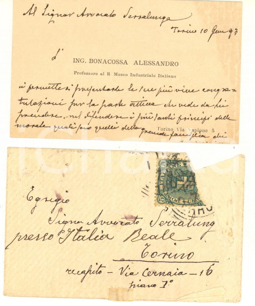 Autografo originale 1893 TORINO Biglietto ing. Alessandro BONACOSSA Museo Industriale Autografo 1