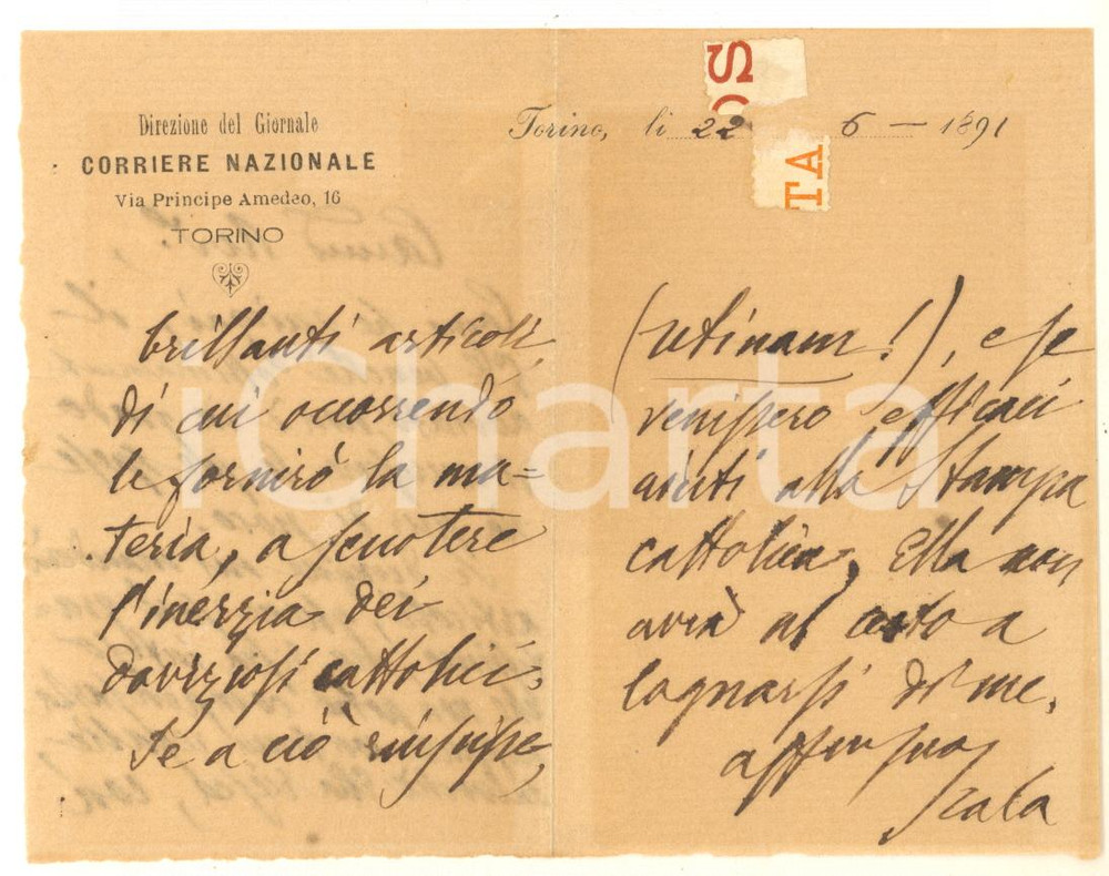 Autografo originale 1891 TORINO CORRIERE NAZIONALE Direttore Stefano SCALA chiede articoli AUTOGRAFO 1