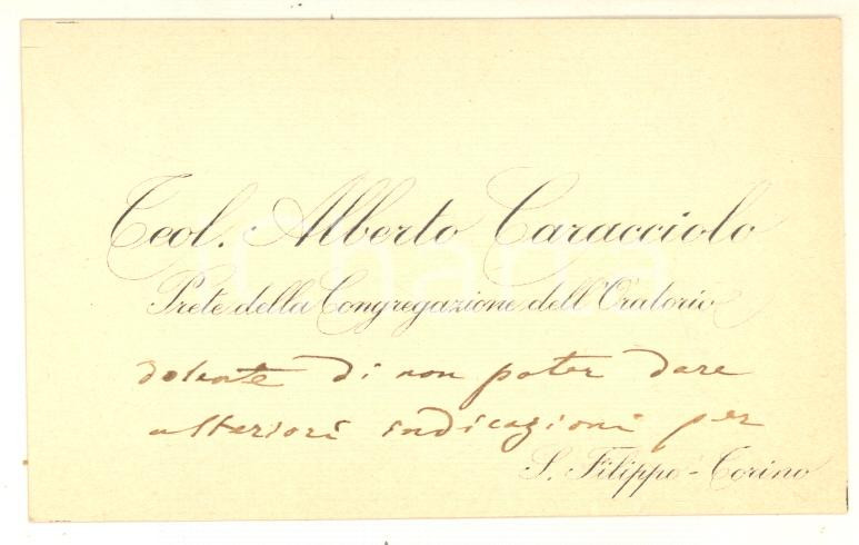 Autografo originale 1896 TORINO SAN FILIPPO Biglietto teologo Alberto CARACCIOLO Autografo 1