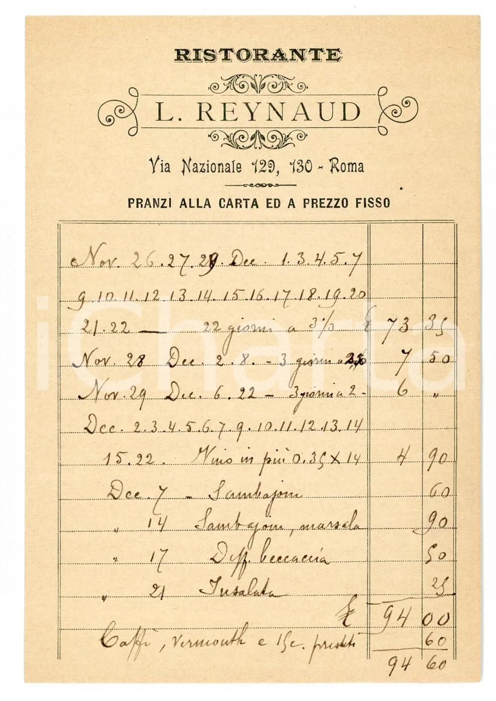 Documento originale, autentico 1896 ROMA via Nazionale  Ristorante Luigi REYNAUD  Ricevuta manoscritta 1