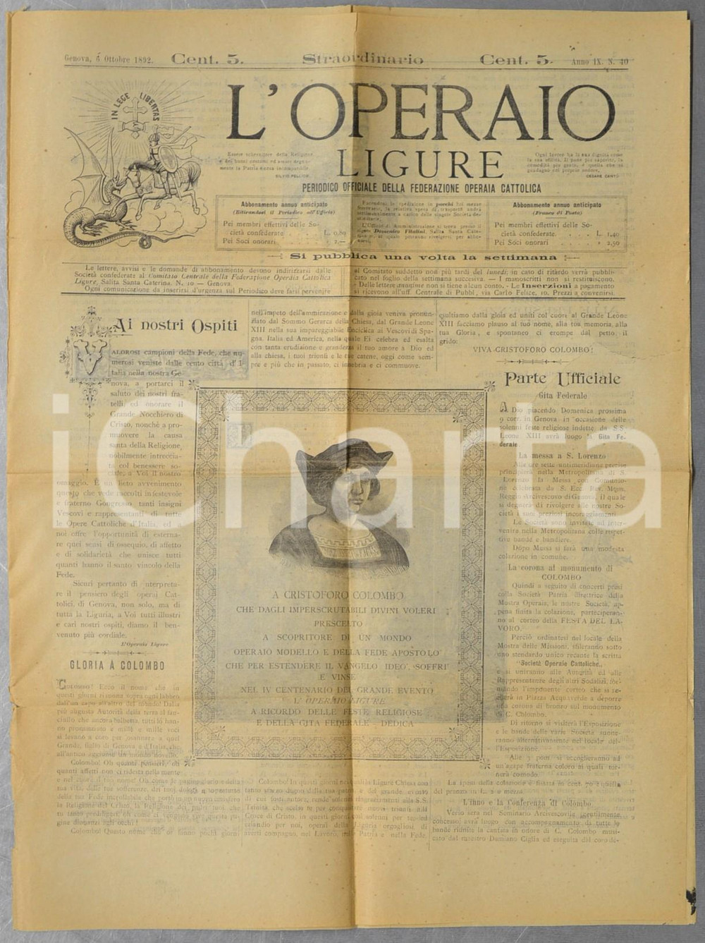 Giornale, rivista storica 1892 GENOVA L OPERAIO LIGURE Feste nel IV centenario della scoperta dell America 1
