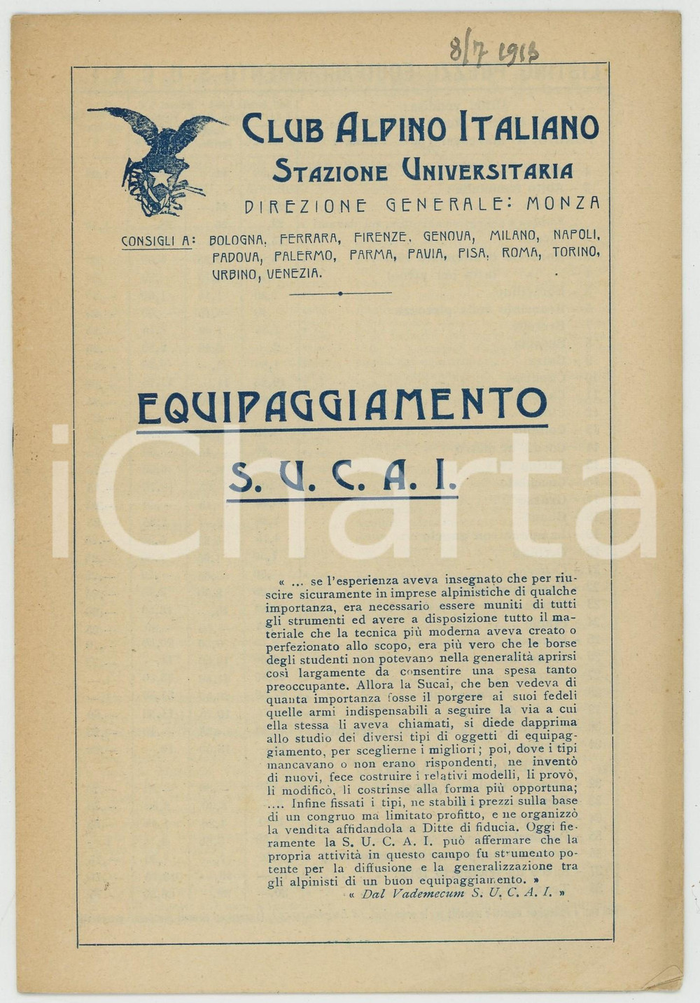 Libro, pubblicazione d epoca 1913 CLUB ALPINO ITALIANO Equipaggiamento SUCAI e regolamento 8 pp. 1