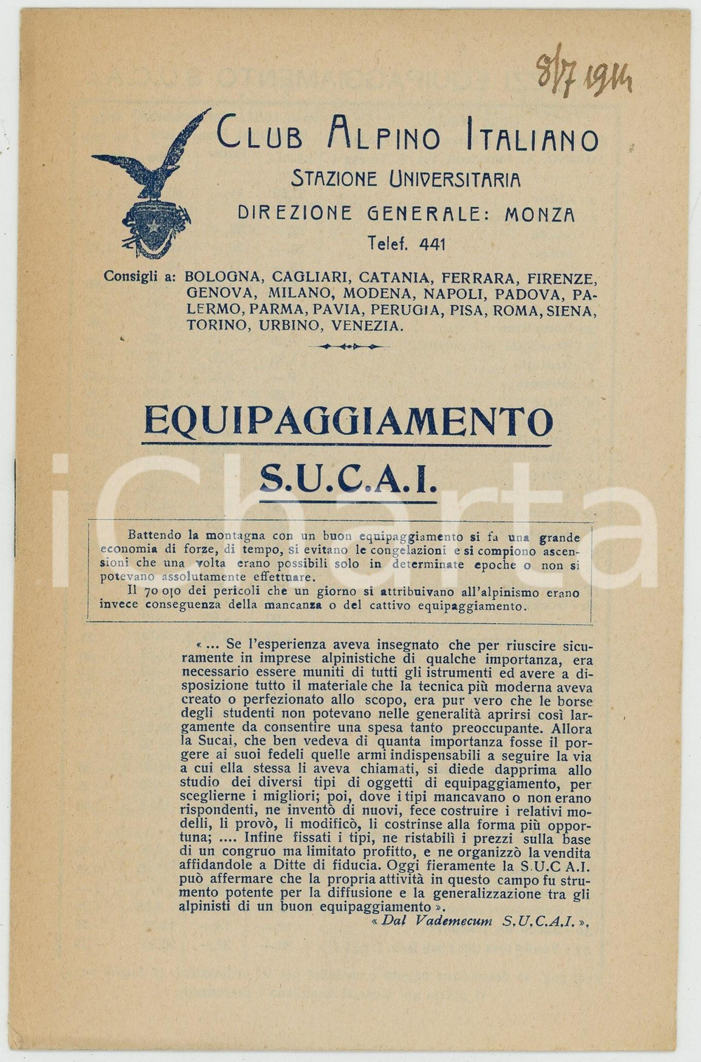 Libro, pubblicazione d epoca 1914 CLUB ALPINO ITALIANO Equipaggiamento SUCAI e regolamento 8 pp. 1