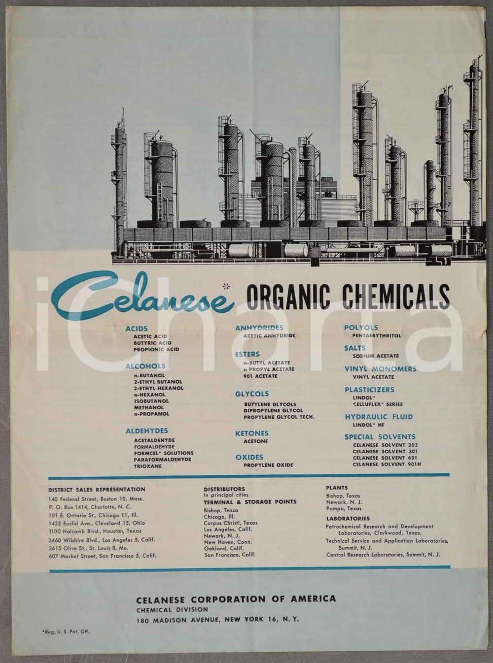 Materiale pubblicitario d’epoca 1960 ca CELANESE Corporation of America  Organic chemicals Brochure 4 pp. 1