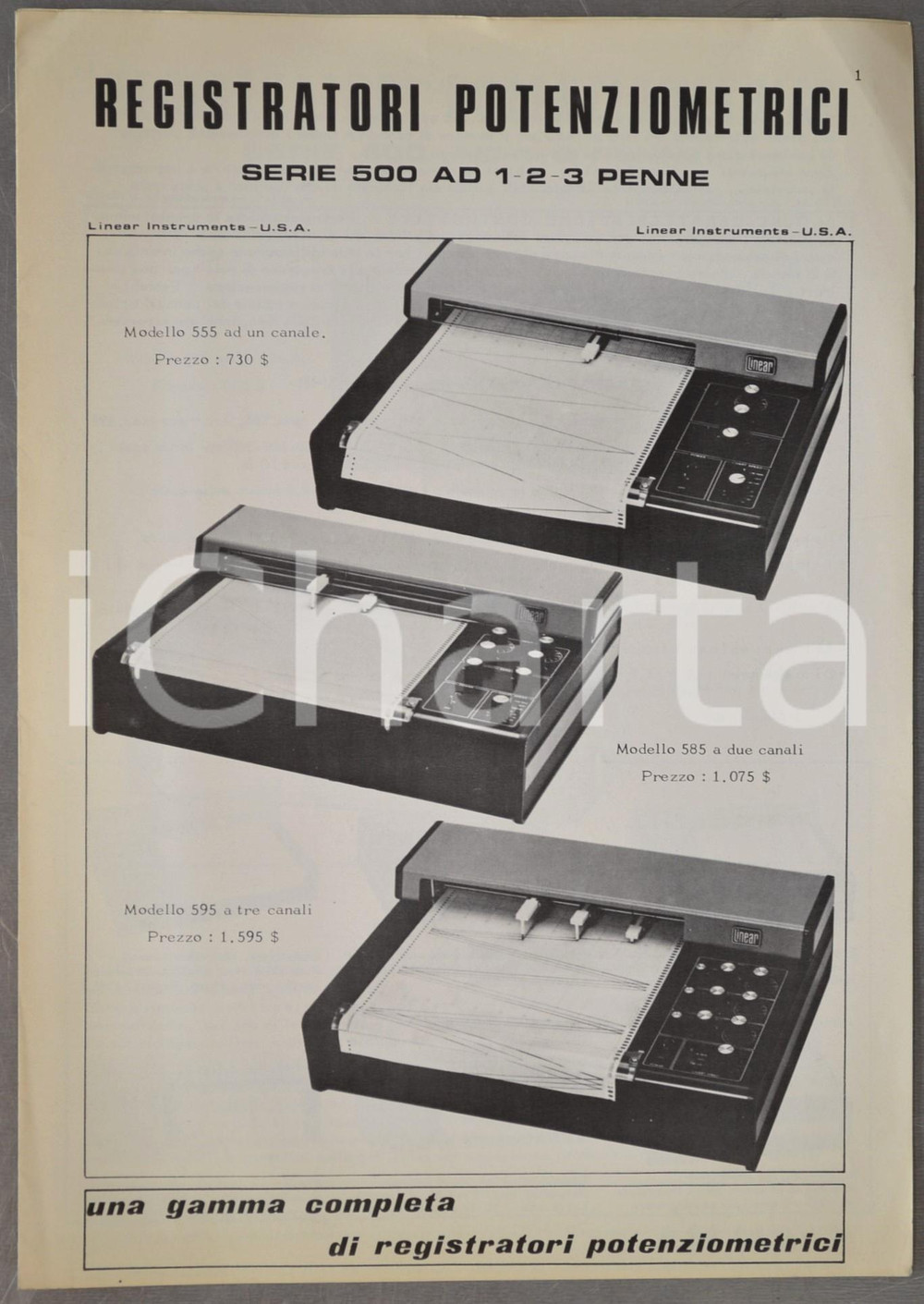 Materiale pubblicitario d’epoca 1970 ca LINEAR INSTRUMENTS USA Registratori potenziometrici serie 500  400 1