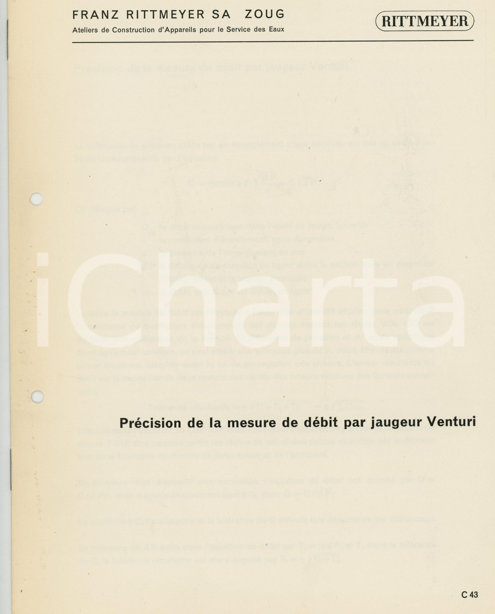 Materiale pubblicitario d’epoca 1965 ca ZOUG FRANZ RITTMEYER SA Précision de mesure de débit par jaugeur VENTURI 1