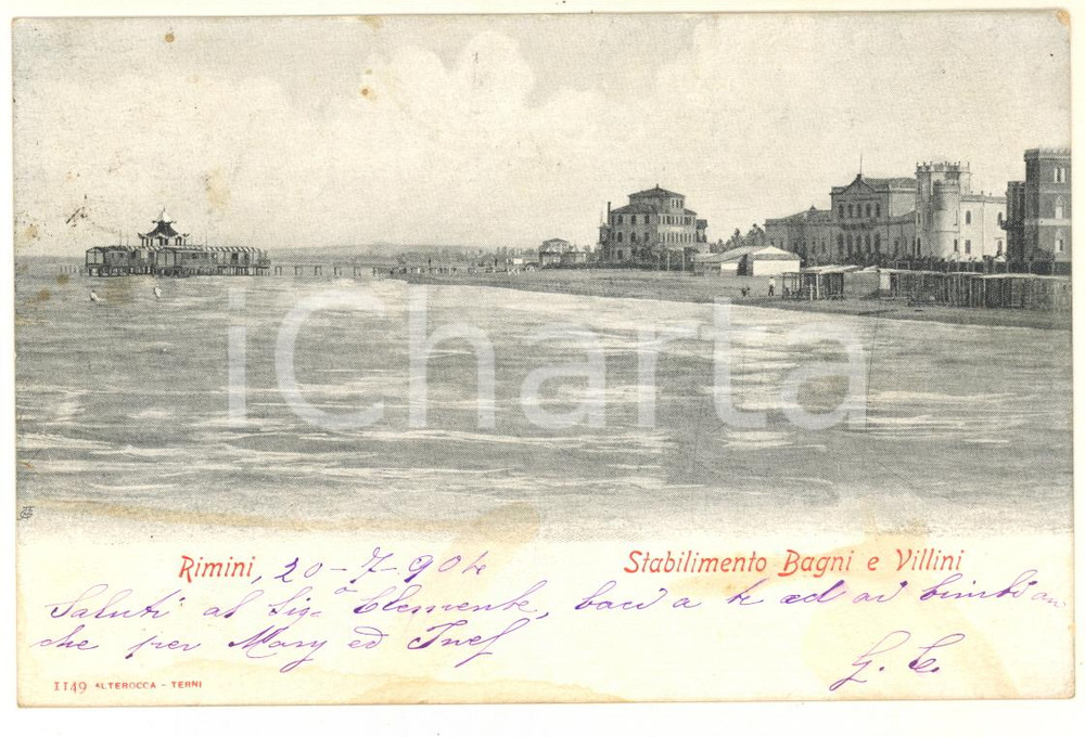 Cartolina originale da collezione 1904 RIMINI Veduta con stabilimento bagni e villini Cartolina postale FP VG 1