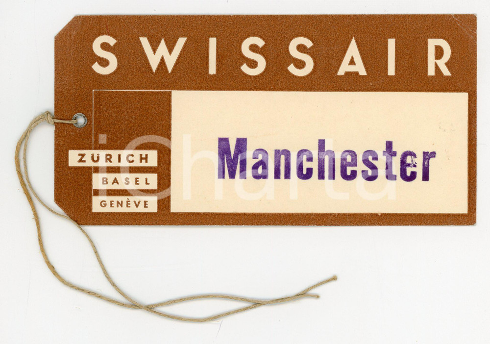 Materiale pubblicitario d’epoca 1960 ca SWISSAIR Etichetta bagagli MANCHESTER VINTAGE 1