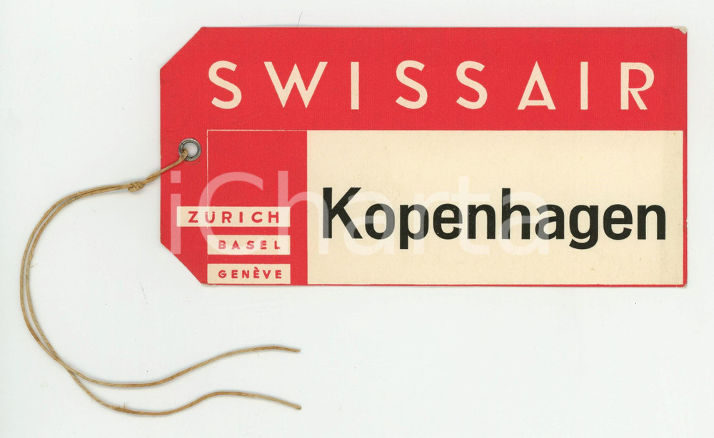 Materiale pubblicitario d’epoca 1960 ca SWISSAIR Etichetta bagagli KOPENHAGEN VINTAGE 1