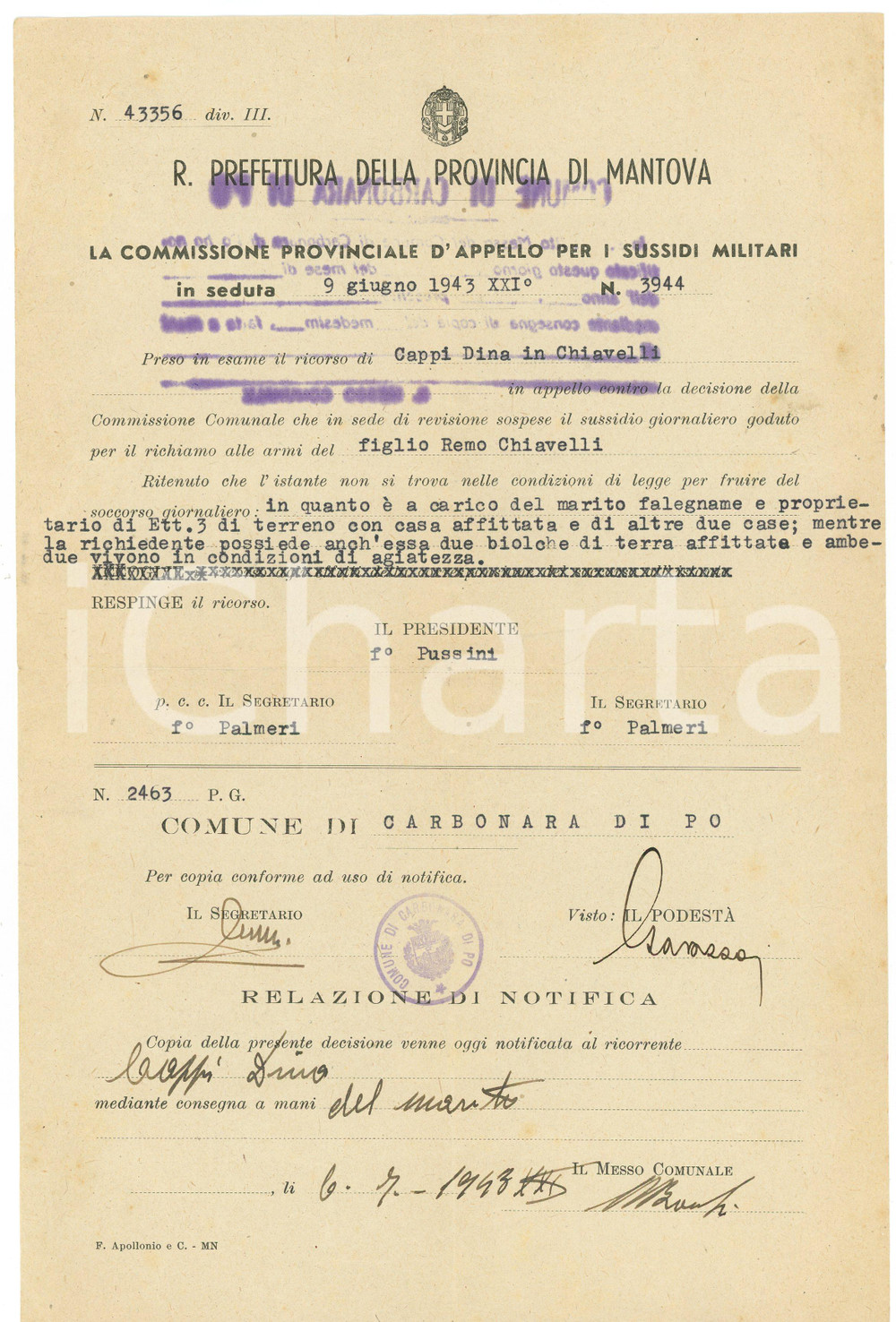 Documento originale, autentico 1943 WW2 CARBONARA DI PO Sospensione sussidio giornaliero Dina CAPPI CHIAVELLI 1
