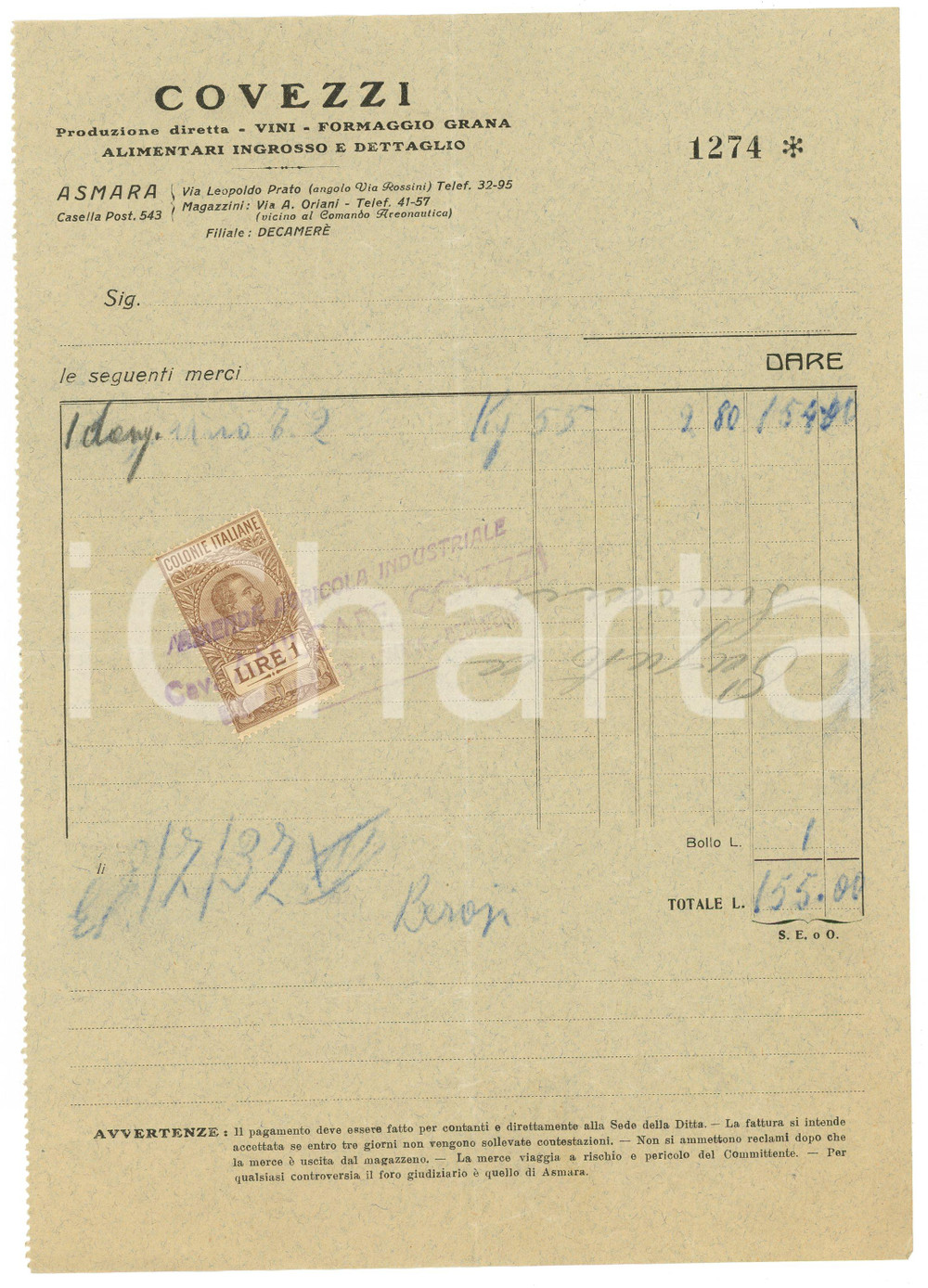 Documento originale, autentico 1937 AOI ASMARA Ditta COVEZZI Vini, formaggio e alimentari Fattura con bollo 1