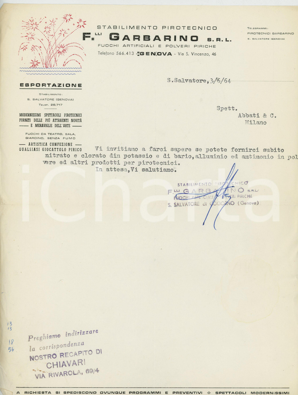 Manoscritto, lettera originale 1964 GENOVA SAN SALVATORE Stabilimento pirotecnico FRATELLI GARBARINO Lettera 1