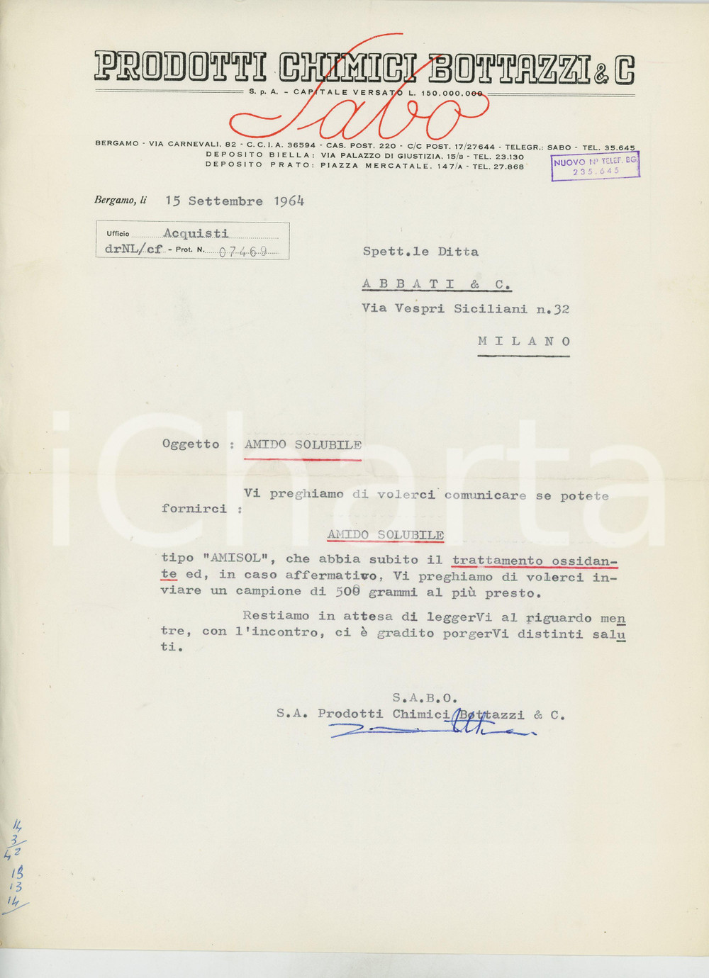 Manoscritto, lettera originale 1964 BERGAMO Prodotti chimici BOTTAZZI & C. Lettera per fornitura amido 1