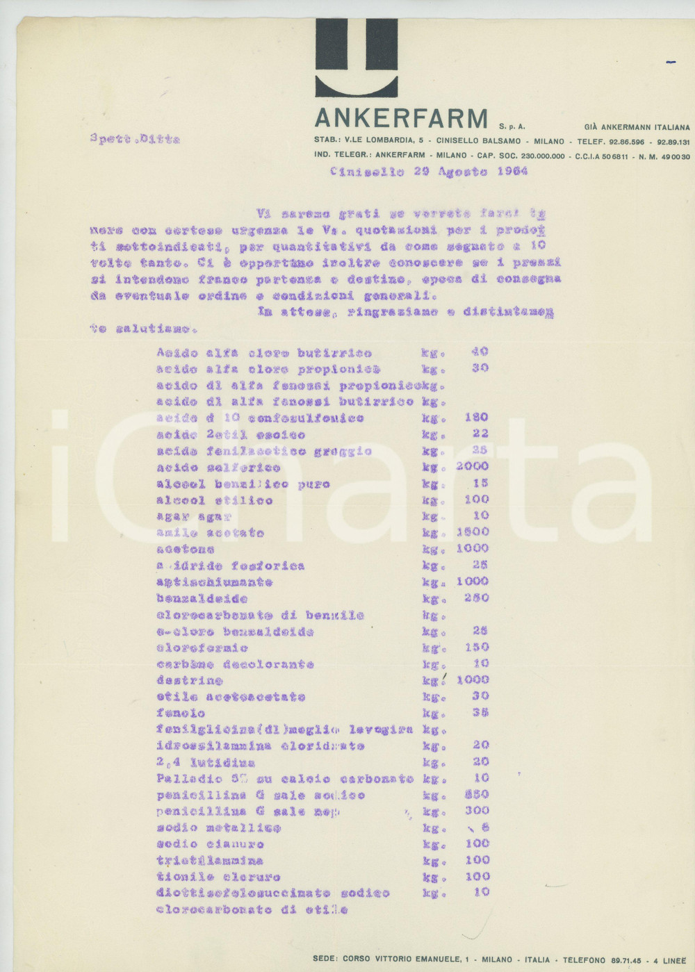 Manoscritto, lettera originale 1964 CINISELLO BALSAMO Ditta ANKERFARM Lettera per richiesta preventivo 1