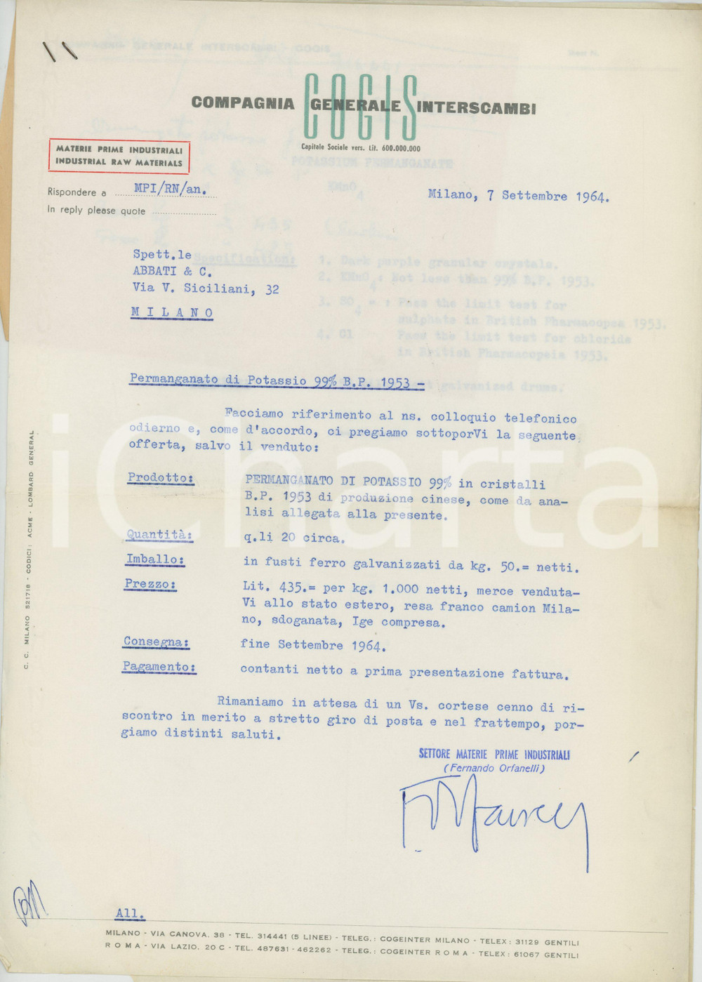 Manoscritto, lettera originale 1964 MILANO Via Canovsa 38 COGIS Comp. Gen. Interscambi  Preventivo permanganato 1