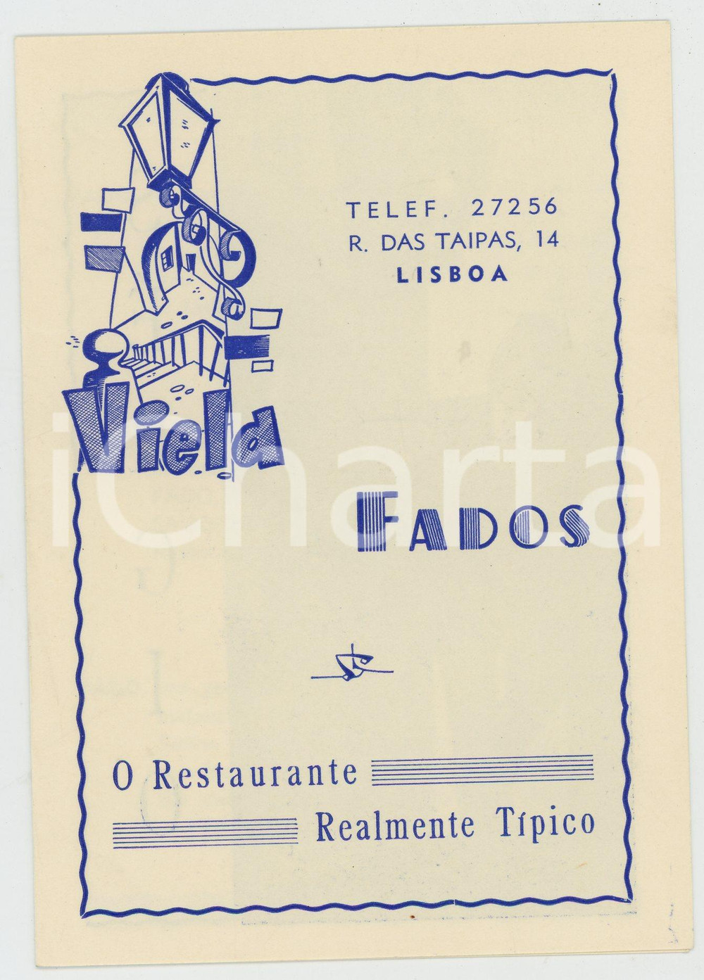 Materiale pubblicitario d’epoca 1950 ca LISBOA Restaurante VIELA FADOS Realmente tipico Dépliant pubblicitario 1