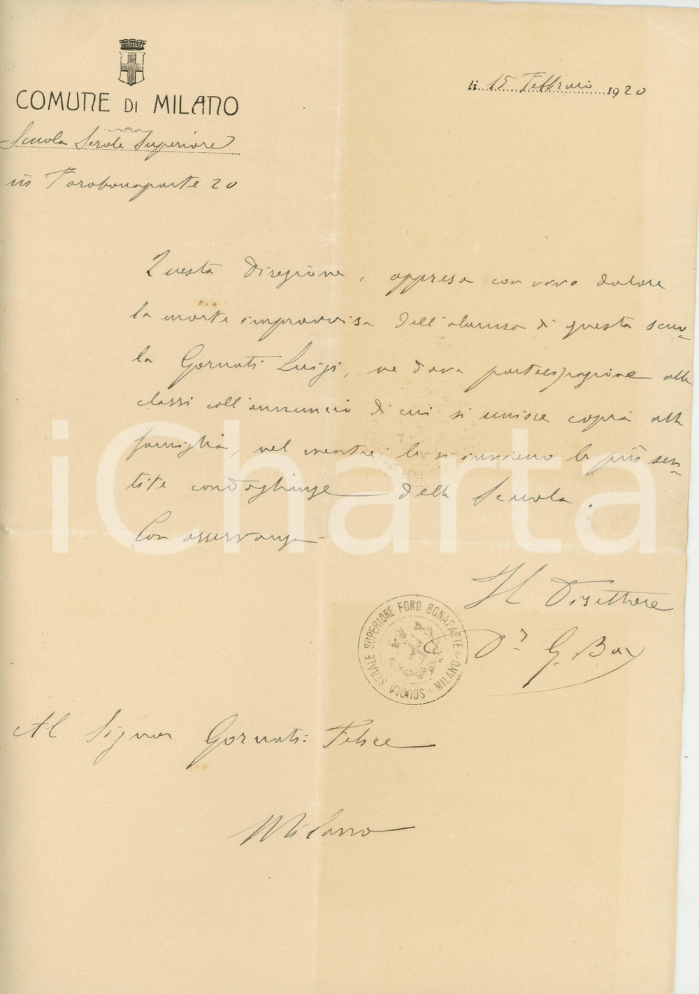 Documento originale, autentico 1920 MILANO FORO BUONAPARTE Scuola serale  Morte dell alunno Luigi GORNATI 1