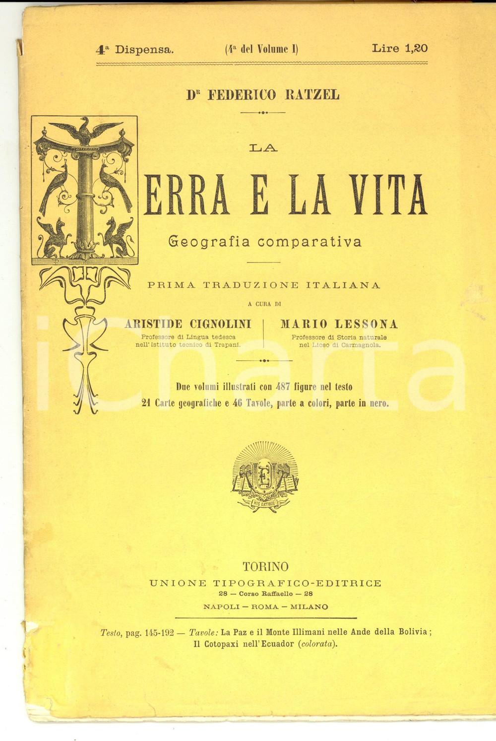 Libro, pubblicazione d epoca 1900 ca Federico RATZEL La terra e la vita  Geografia 4 dispensa vol. I 1