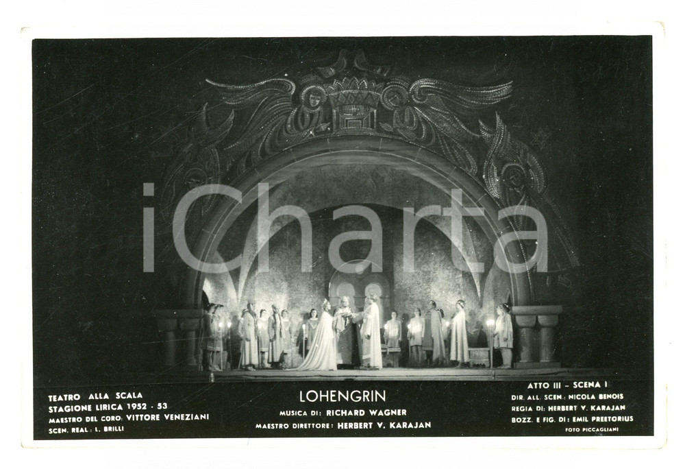 Cartolina originale da collezione 1952 MILANO Teatro alla SCALA Lohengrin Scene Nicola BENOIS Foto seriale 1