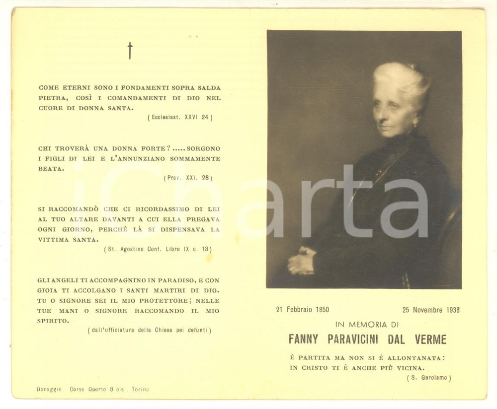 Oggetto da collezione cartaceo 1938 MILANO In memoria di Fanny PARAVICINI DAL VERME Santino ILLUSTRATO 1