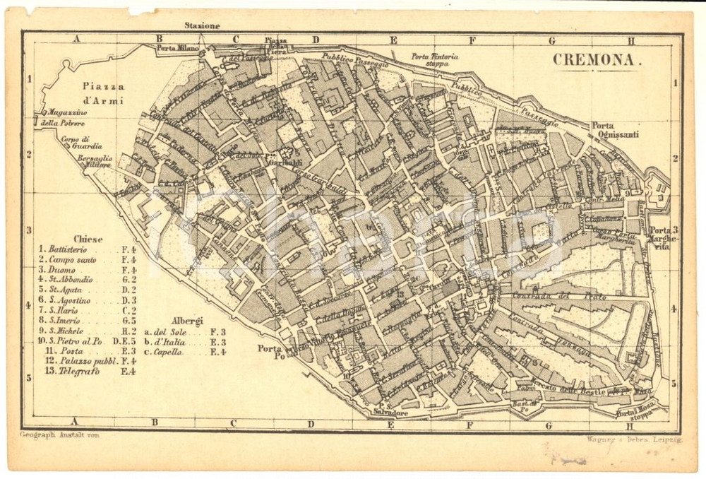 Mappa, planimetria storica 1900 ca CREMONA Mappa della città e delle sue chiese 16x11 cm VINTAGE 1