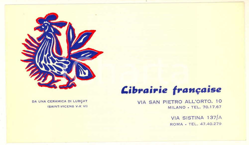 Materiale pubblicitario d’epoca 1970 ca MILANO Via San Pietro all Orto 10 LIBRAIRIE FRANCAISE  Cartoncino 1
