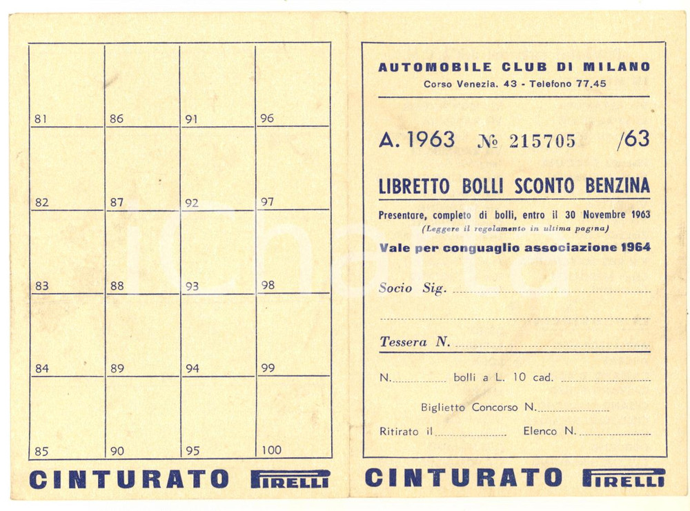 Materiale pubblicitario d’epoca 1963 Automobile Club MILANO Libretto bolli sconto benzina non compilato PIRELLI 1