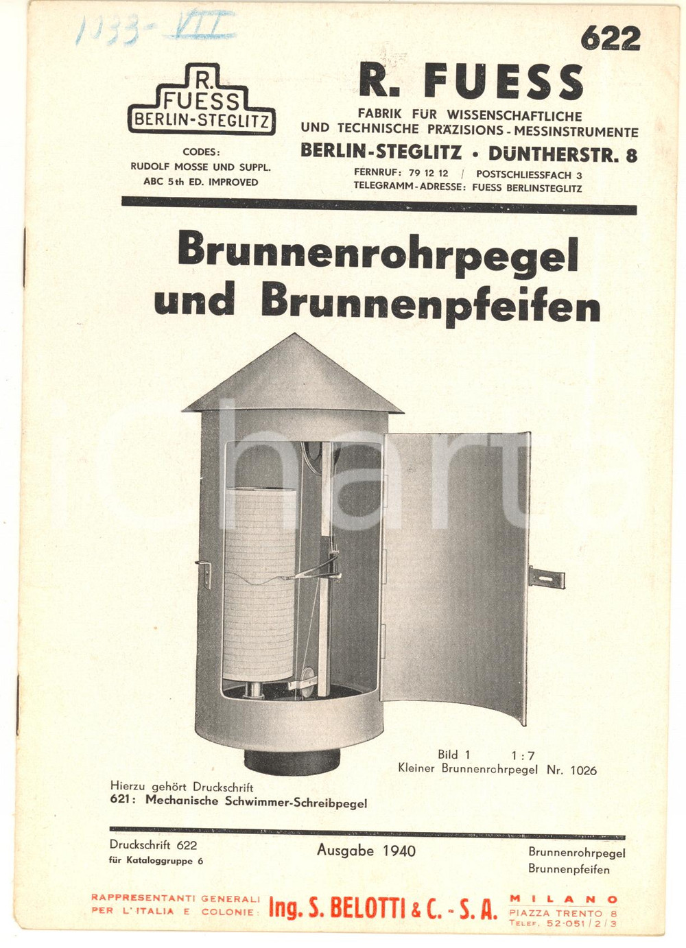 Materiale pubblicitario d’epoca 1940 BERLIN R. FUESS Fabrik  Brunnenrohrpegel und Brunnenpfeifen ILLUSTRATED 1