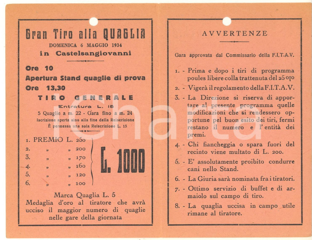 Documento originale, autentico 1934 FITAV  CONI  CASTELSANGIOVANNI PC Programma gran TIRO ALLA QUAGLIA 1