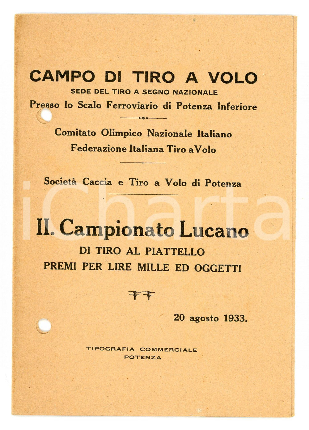Documento originale, autentico 1933 POTENZA INFERIORE Programma campionato lucano di TIRO AL PIATTELLO 1