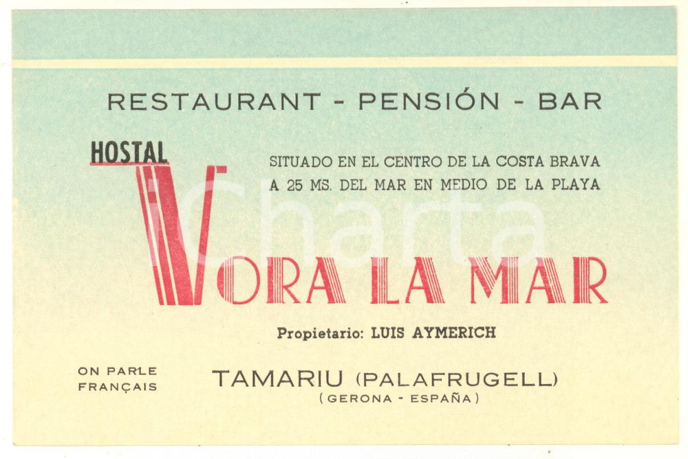 Materiale pubblicitario d’epoca 1960 ca TAMARIU / GIRONA Hostal VORA LA MAR Biglietto pubblicitario 1