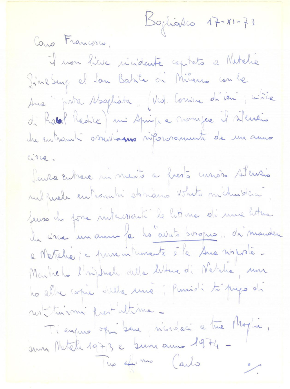 Manoscritto, lettera originale 1973 BOGLIASCO Carlo MARTINENGHI dopo incidente a Natalia GINZBURG al SAN BABILA 1