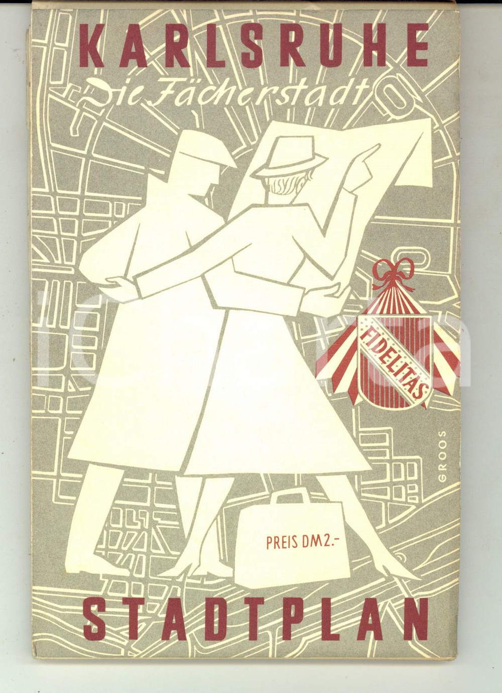 Mappa, planimetria storica 1960 ca KARLSRUHE GERMANY Mappa della città  Stadtplan VINTAGE 1