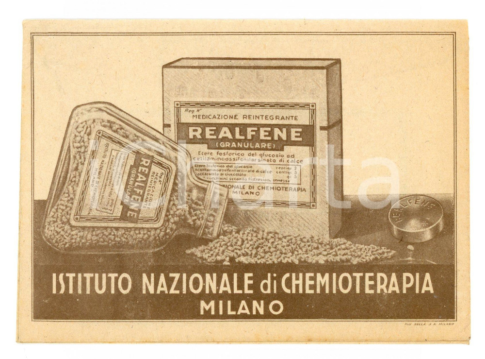 Materiale pubblicitario d’epoca 1930 ca MILANO Istituto Nazionale di Chemioterapia  REALFENE granulare Busta 1