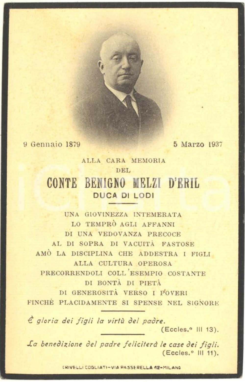 1937 MILANO In memoria del conte Benigno MELZI D'ERIL *Santino ILLUSTRATO