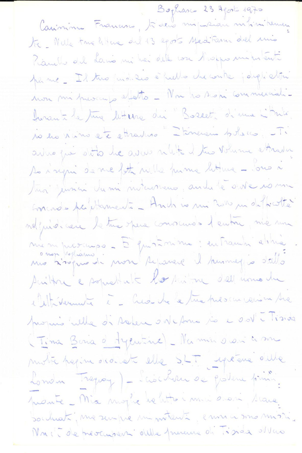 Manoscritto, lettera originale 1970 BOGLIASCO Carlo MARTINENGHI ricorda le donne della sua gioventÃ¹ Lettera 1