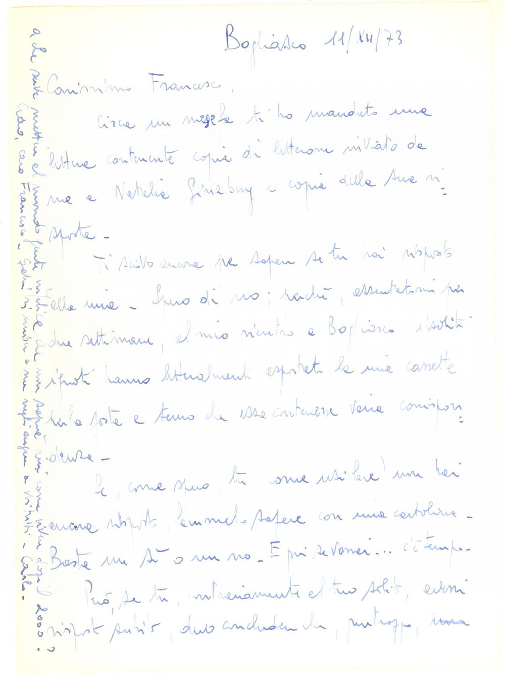 Manoscritto, lettera originale 1973 BOGLIASCO Carlo MARTINENGHI legge l opera di Natalia GINZBURG Lettera 1