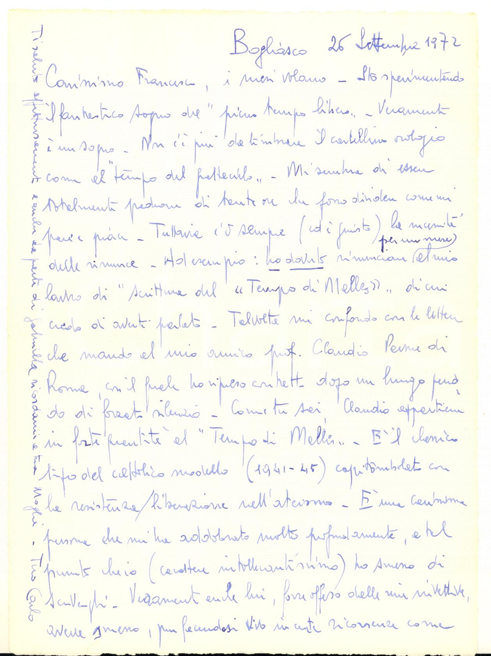 1972 BOGLIASCO Carlo MARTINENGHI rinuncia al "Tempo di Melles" *Lettera