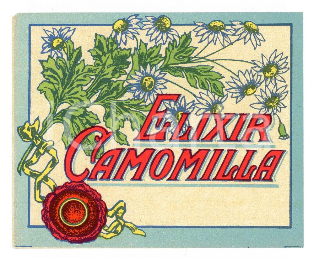 Materiale pubblicitario d’epoca 1950 ca BONOMELLI ELIXIR CAMOMILLA Etichetta pubblicitaria VINTAGE 13x10 cm 1
