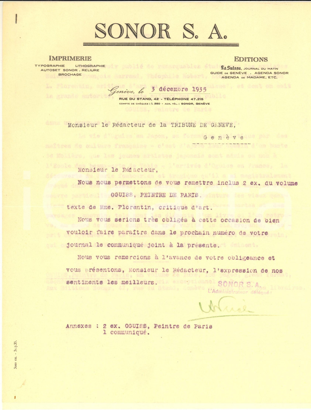 Manoscritto, lettera originale 1935 GENEVE Editions SONOR S.A.  Lettera pubblicitaria ALFRED NICOLE autografo 1