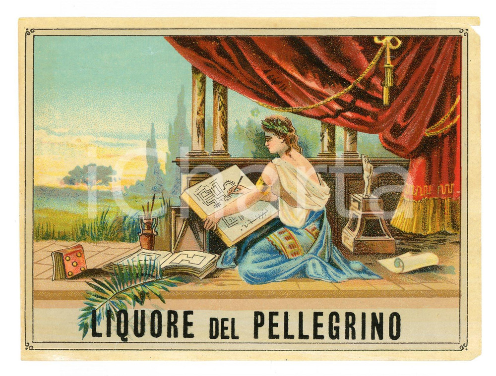 Materiale pubblicitario d’epoca 1920 ca LIQUORE DEL PELLEGRINO Etichetta pubblicitaria 13x10 cm 1 1